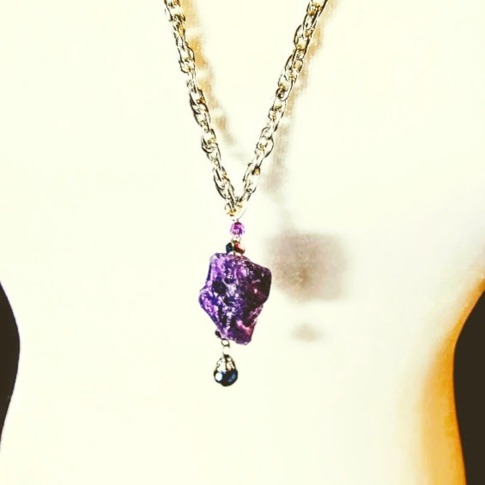 AMETHYST NUGGET*ROUGH CUT ON SILVER PLTD CHAIN*HAND CRAFTED*GENUINE STONE